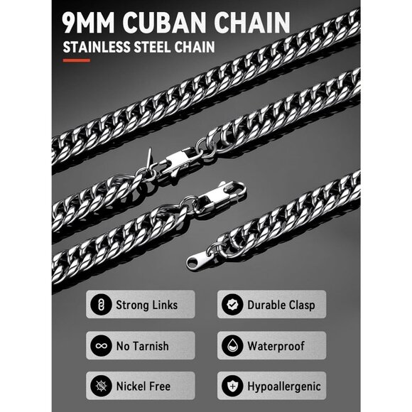 Men's 9mm Silver Stainless Steel 14K Gold Plated Miami Cuban Chain Necklaces - Picture 3 of 7